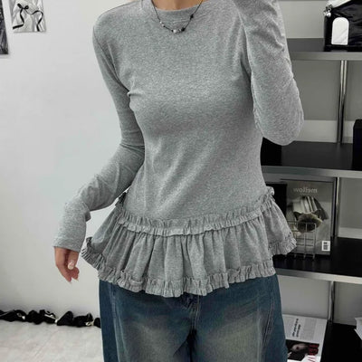Delicate Fit Frill Ruffle Hem Slim Fit Round Neck Long Sleeve Tee