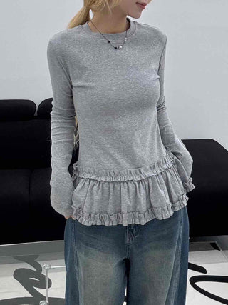 Delicate Fit Frill Ruffle Hem Slim Fit Round Neck Long Sleeve Tee