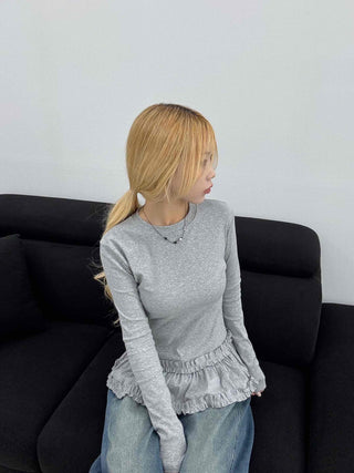 Delicate Fit Frill Ruffle Hem Slim Fit Round Neck Long Sleeve Tee