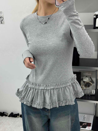Delicate Fit Frill Ruffle Hem Slim Fit Round Neck Long Sleeve Tee