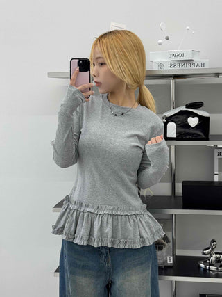 Delicate Fit Frill Ruffle Hem Slim Fit Round Neck Long Sleeve Tee