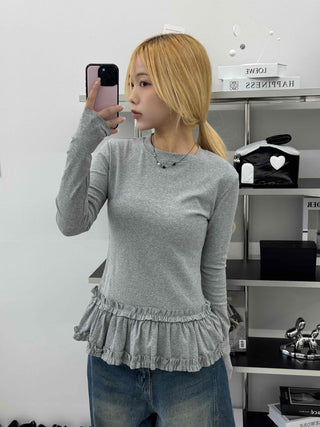 Delicate Fit Frill Ruffle Hem Slim Fit Round Neck Long Sleeve Tee