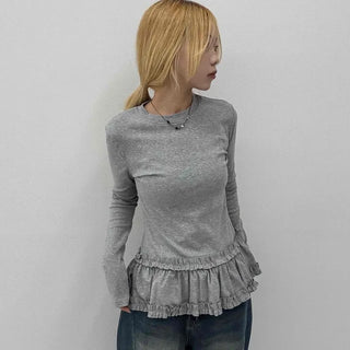 Delicate Fit Frill Ruffle Hem Slim Fit Round Neck Long Sleeve Tee