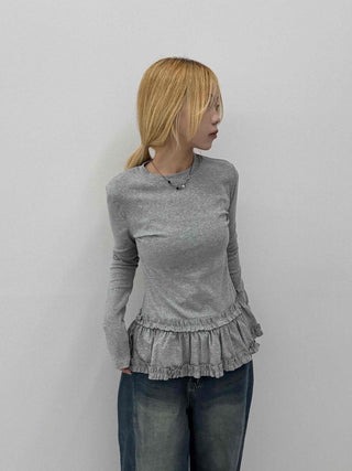 Delicate Fit Frill Ruffle Hem Slim Fit Round Neck Long Sleeve Tee