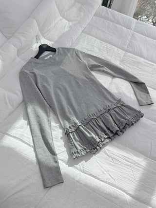 Delicate Fit Frill Ruffle Hem Slim Fit Round Neck Long Sleeve Tee
