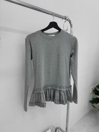 Delicate Fit Frill Ruffle Hem Slim Fit Round Neck Long Sleeve Tee