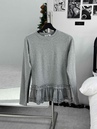 Delicate Fit Frill Ruffle Hem Slim Fit Round Neck Long Sleeve Tee