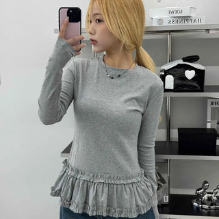 Delicate Fit Frill Ruffle Hem Slim Fit Round Neck Long Sleeve Tee