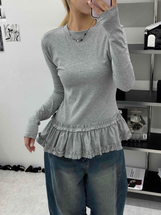 Delicate Fit Frill Ruffle Hem Slim Fit Round Neck Long Sleeve Tee