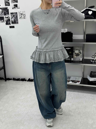 Delicate Fit Frill Ruffle Hem Slim Fit Round Neck Long Sleeve Tee