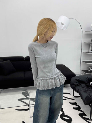 Delicate Fit Frill Ruffle Hem Slim Fit Round Neck Long Sleeve Tee