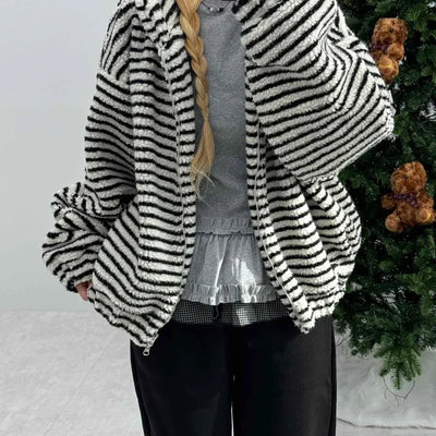 Zebra Stripe Oversized Boa Fleece Zip-up