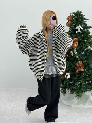 Zebra Stripe Oversized Boa Fleece Zip-up