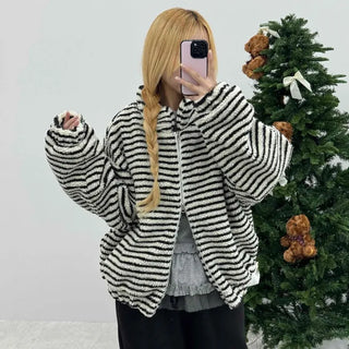 Zebra Stripe Oversized Boa Fleece Zip-up