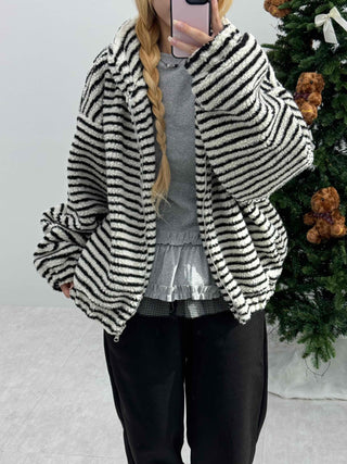 Zebra Stripe Oversized Boa Fleece Zip-up