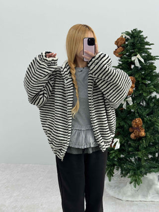 Zebra Stripe Oversized Boa Fleece Zip-up