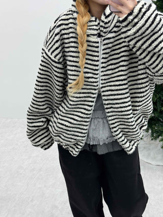 Zebra Stripe Oversized Boa Fleece Zip-up