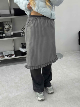 Rib Knit Flare Ruffle Elastic Waist Midi Skirt