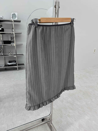 Rib Knit Flare Ruffle Elastic Waist Midi Skirt