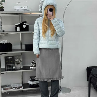 Rib Knit Flare Ruffle Elastic Waist Midi Skirt