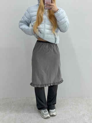 Rib Knit Flare Ruffle Elastic Waist Midi Skirt
