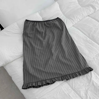 Rib Knit Flare Ruffle Elastic Waist Midi Skirt