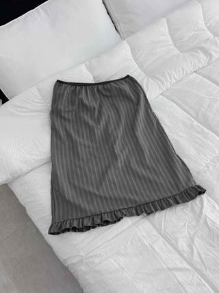 Rib Knit Flare Ruffle Elastic Waist Midi Skirt