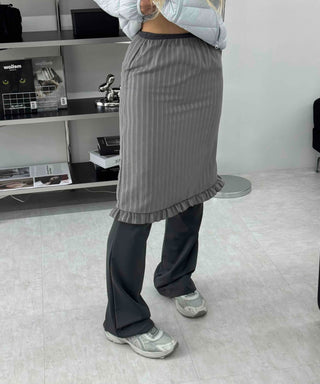 Rib Knit Flare Ruffle Elastic Waist Midi Skirt