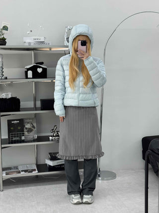 Rib Knit Flare Ruffle Elastic Waist Midi Skirt