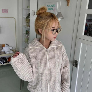 Cable Knit Crop Hooded Zip-Up Cardigan