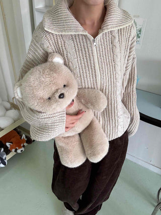 Cable Knit Crop Hooded Zip-Up Cardigan