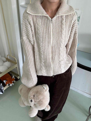 Cable Knit Crop Hooded Zip-Up Cardigan