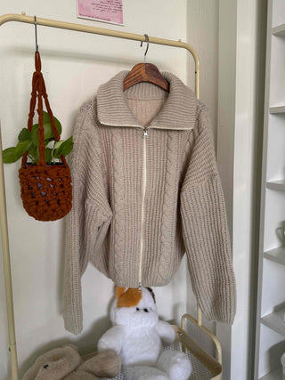 Cable Knit Crop Hooded Zip-Up Cardigan
