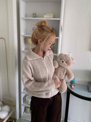 Cable Knit Crop Hooded Zip-Up Cardigan