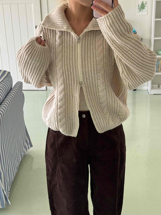 Cable Knit Crop Hooded Zip-Up Cardigan