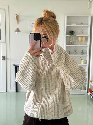 Cable Knit Crop Hooded Zip-Up Cardigan