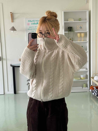 Cable Knit Crop Hooded Zip-Up Cardigan