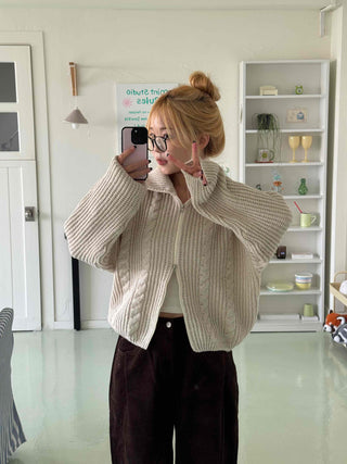 Cable Knit Crop Hooded Zip-Up Cardigan