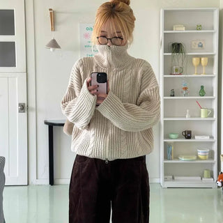 Cable Knit Crop Hooded Zip-Up Cardigan