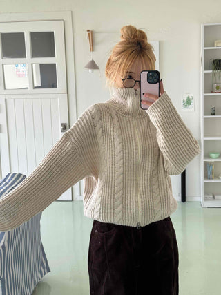Cable Knit Crop Hooded Zip-Up Cardigan