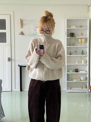 Cable Knit Crop Hooded Zip-Up Cardigan