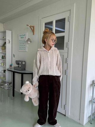 Cable Knit Crop Hooded Zip-Up Cardigan