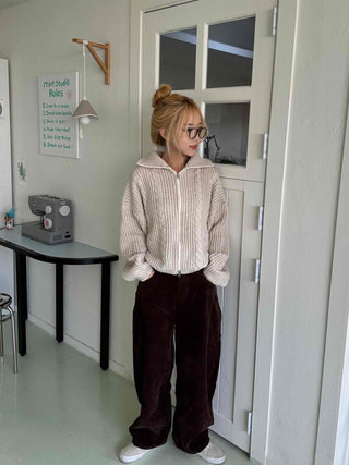 Cable Knit Crop Hooded Zip-Up Cardigan