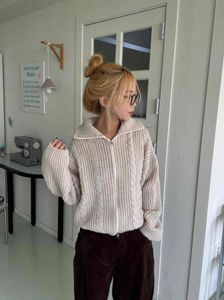 Cable Knit Crop Hooded Zip-Up Cardigan