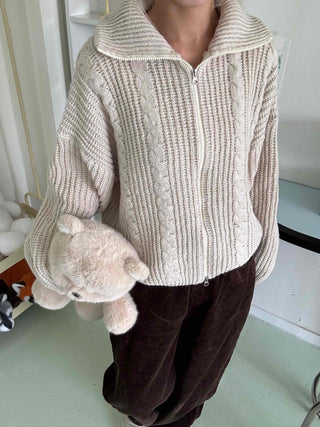 Cable Knit Crop Hooded Zip-Up Cardigan