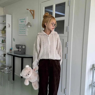 Cable Knit Crop Hooded Zip-Up Cardigan