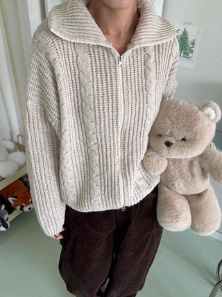 Cable Knit Crop Hooded Zip-Up Cardigan