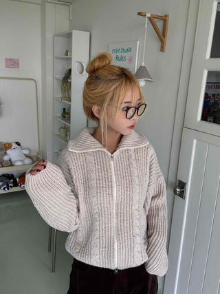 Cable Knit Crop Hooded Zip-Up Cardigan