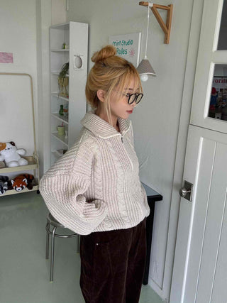 Cable Knit Crop Hooded Zip-Up Cardigan