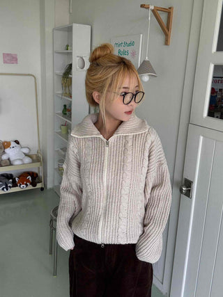 Cable Knit Crop Hooded Zip-Up Cardigan